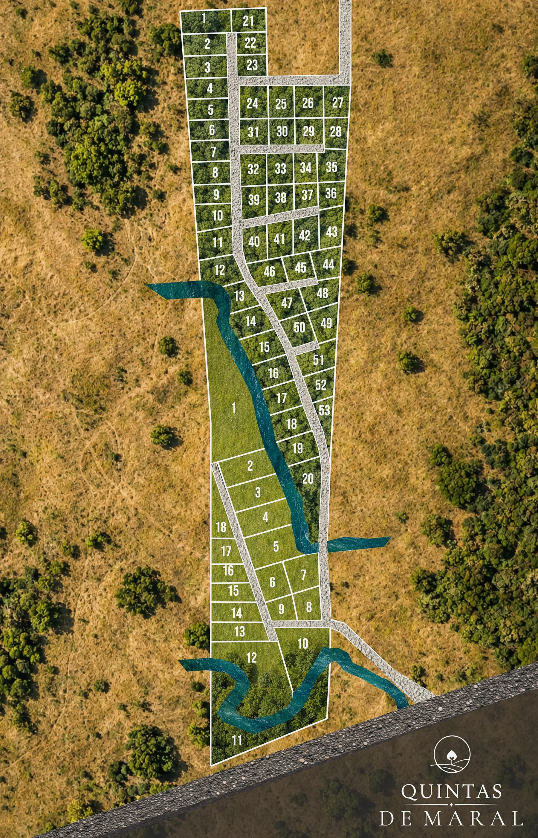 Vista aérea del proyecto Quintas de Maral con los lotes de la Etapa I